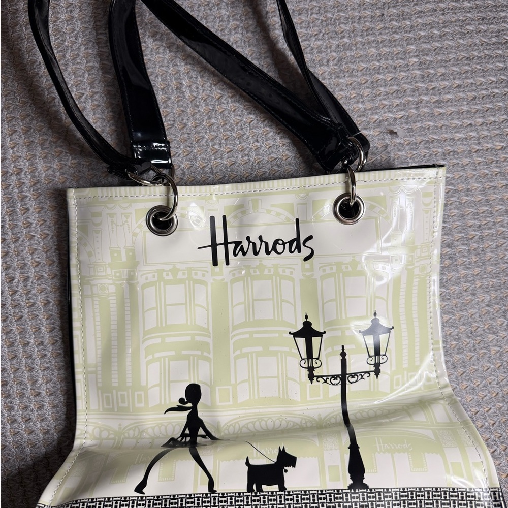 Harrods Cream & Light Green Graphic Shopping Tote with Black Handles